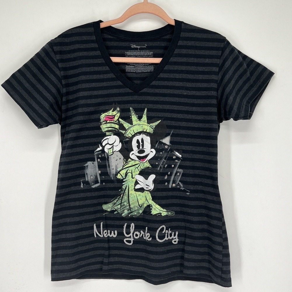 Disney Women Black-Grey T-shirt Sz L  Juniors Stripe Short Sleeve Organic Cotton